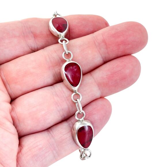 Vintage Mexico Sterling Silver 925 Red Jasper Teardrop Link Bracelet 7.5" - Picture 1 of 8